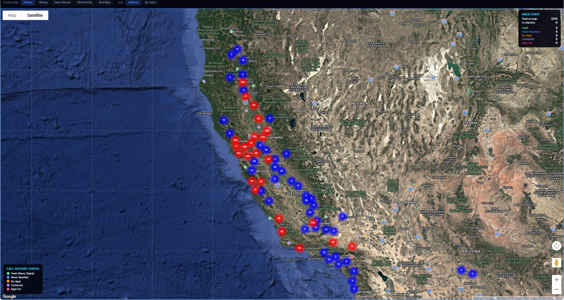 Lead Engine - 6,159 leads mapped across California with color-coded call history